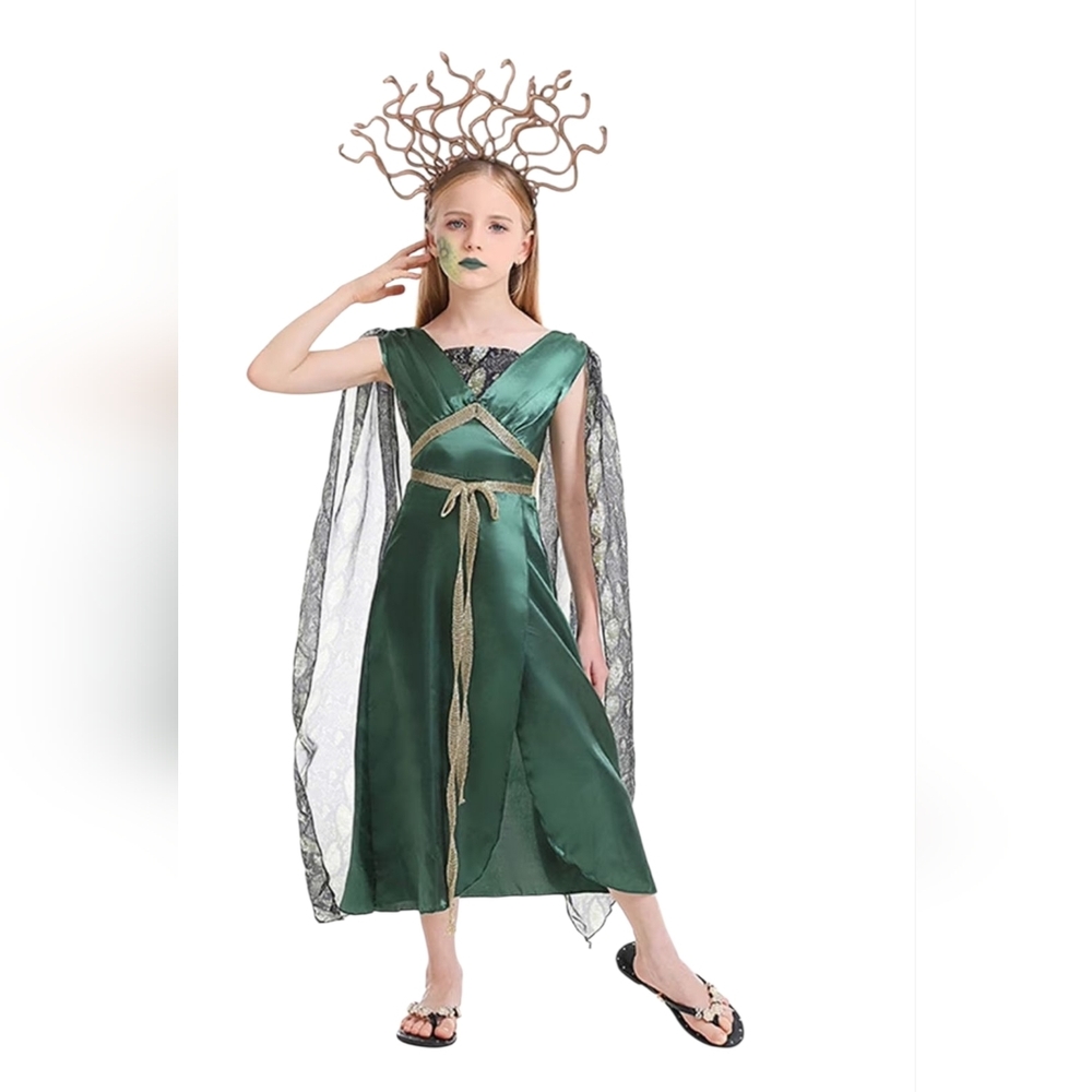 Girls' Green Goddess Halloween Costume with Gold Accents